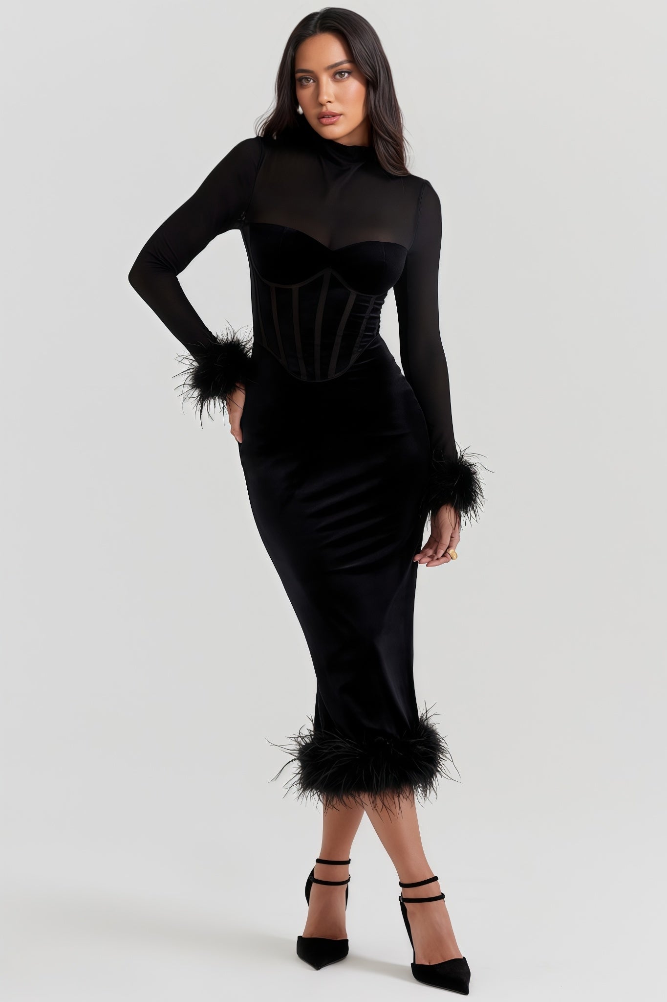 Kaci Black Velvet Midi Dress