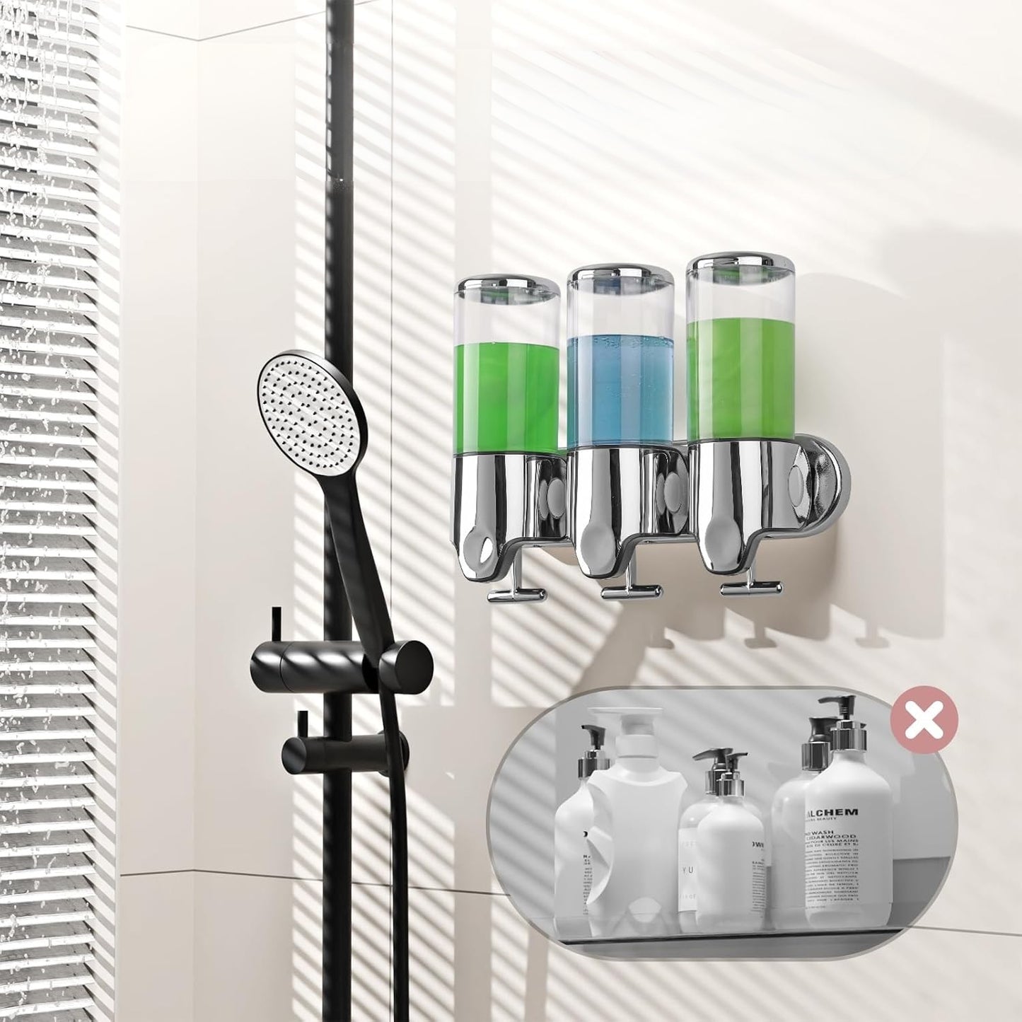 Triple distributeur savon et shampoing