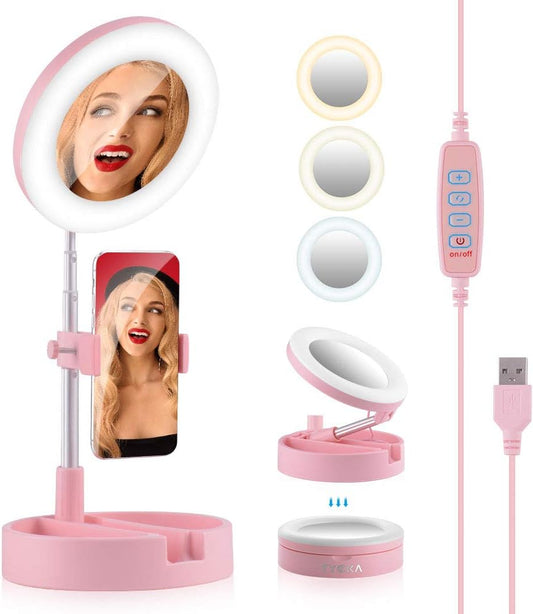 Ring Light LED Miroir de Maquillage Pliable 3 en 1