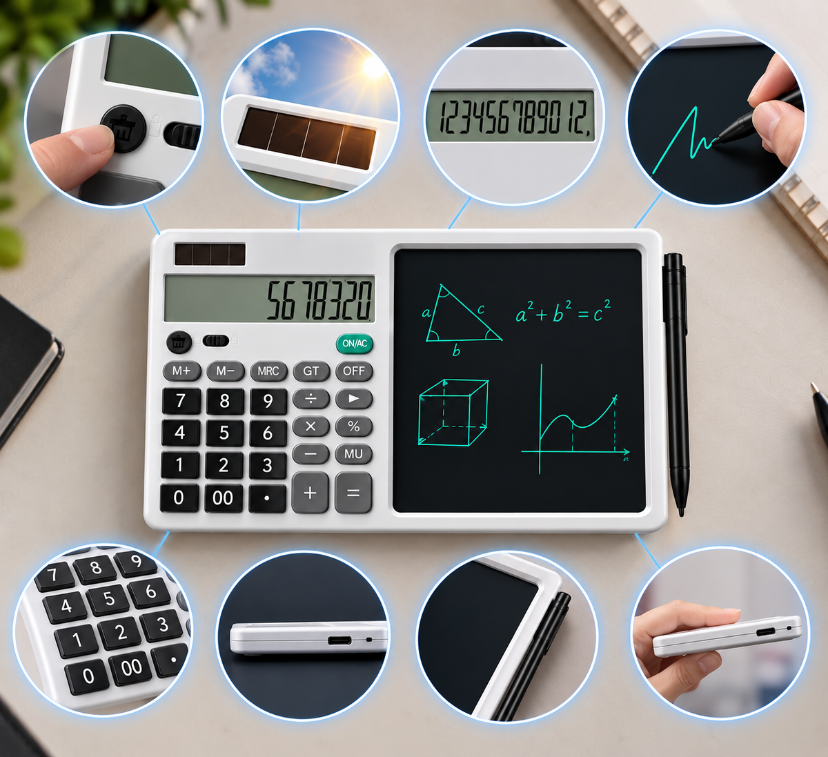 Calculatrice portable avec une tablette d'écriture