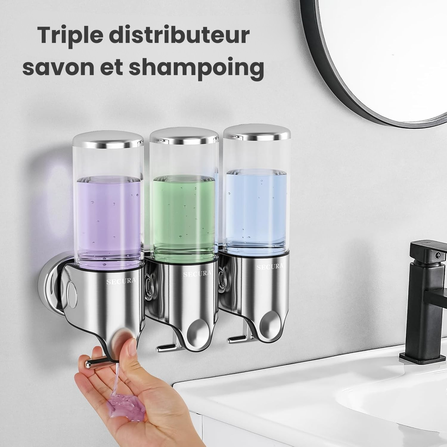 Triple distributeur savon et shampoing