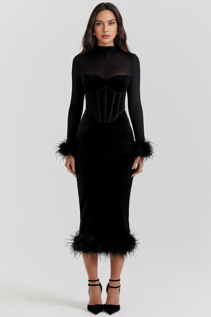 Kaci Black Velvet Midi Dress